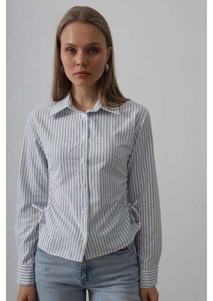 Yanları Büzgülü Çizgili Gömlek - Mavi-Siyah modelleri