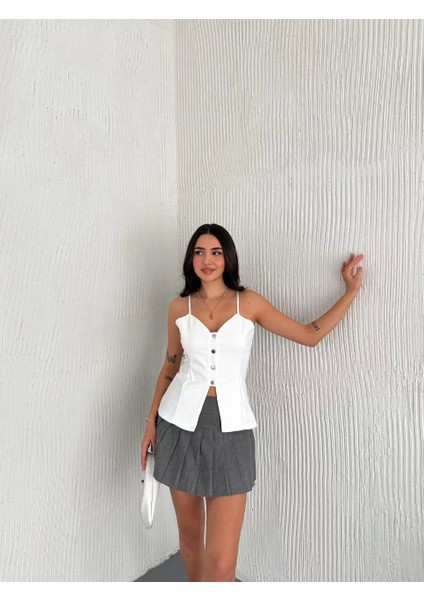 Askılı Dekolte Deraylı Bluz Crop - Beyaz indirimleri