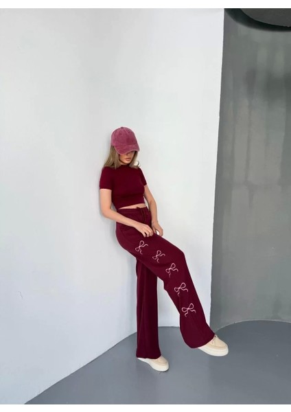 Osy Modal Yumuşak Dokulu Kumaş Nakış Işlemeli Rahat Bol Paça Eşofman Pantalon - Bordo