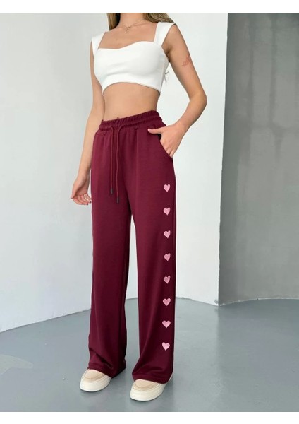 Osy Modal Yumuşak Dokulu Kumaş Nakış Işlemeli Rahat Bol Paça Eşofman Pantalon - Bordo