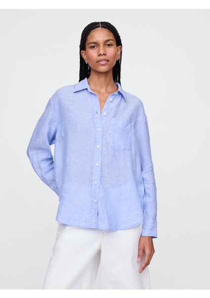 Kadın Koyu Mavi %100 Keten Relaxed Gömlek