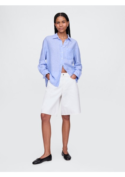 Kadın Koyu Mavi %100 Keten Relaxed Gömlek modelleri