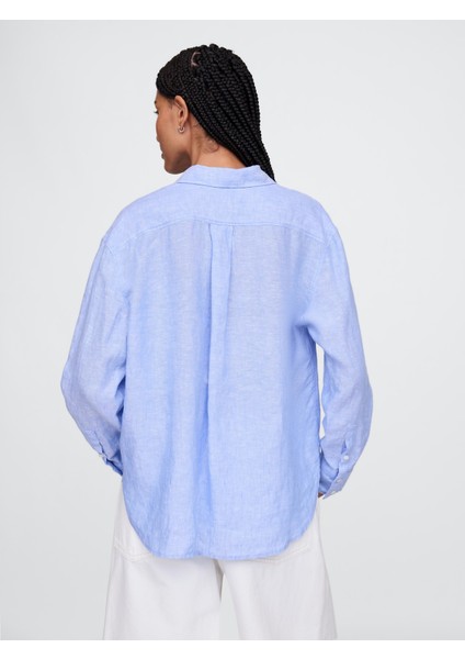 Kadın Koyu Mavi %100 Keten Relaxed Gömlek fırsatları