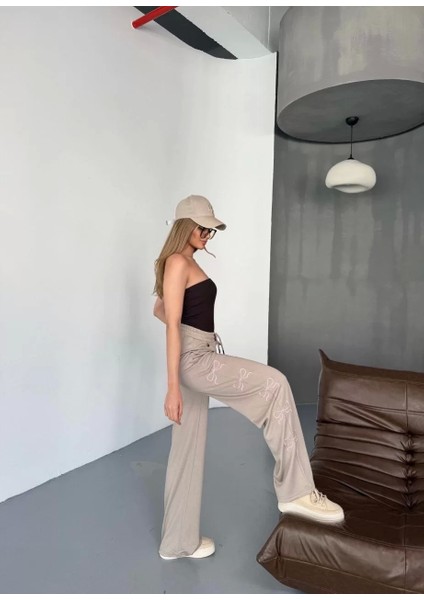 Osy Modal Yumuşak Dokulu Kumaş Nakış Işlemeli Rahat Bol Paça Eşofman Pantalon - Bej