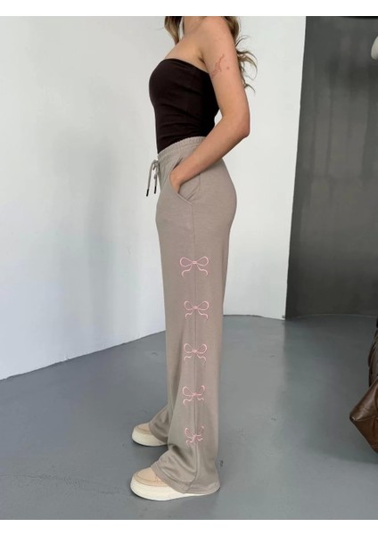 Osy Modal Yumuşak Dokulu Kumaş Nakış Işlemeli Rahat Bol Paça Eşofman Pantalon - Bej