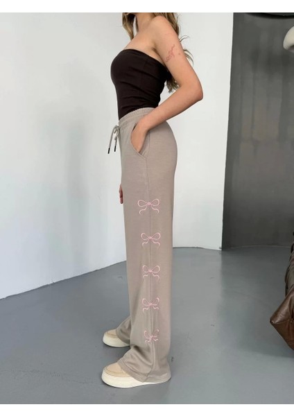 Osy Modal Yumuşak Dokulu Kumaş Nakış Işlemeli Rahat Bol Paça Eşofman Pantalon - Bej