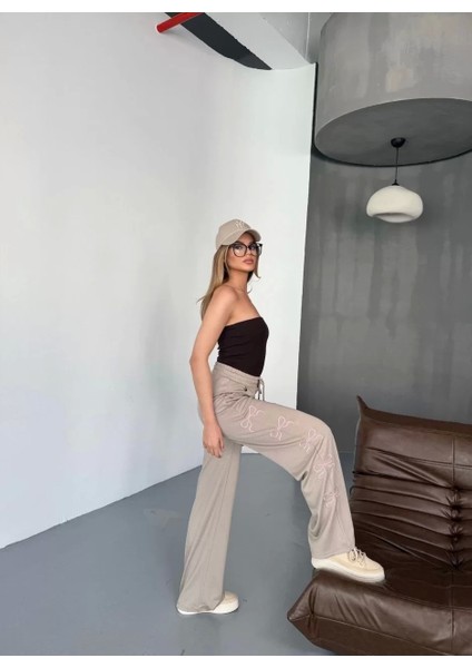 Osy Modal Yumuşak Dokulu Kumaş Nakış Işlemeli Rahat Bol Paça Eşofman Pantalon - Bej