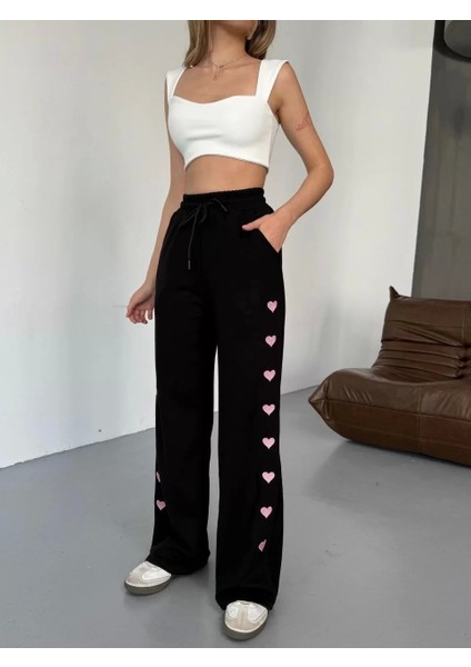 Osy Modal Yumuşak Dokulu Kumaş Nakış Işlemeli Rahat Bol Paça Eşofman Pantalon - Siyah