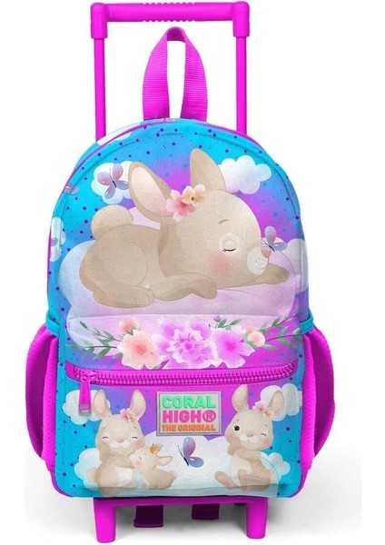 Minik Yuva Çekçekli Sırt Çantası Mavi Pembe Tavşan Desenli Iki Bölmeli 24036