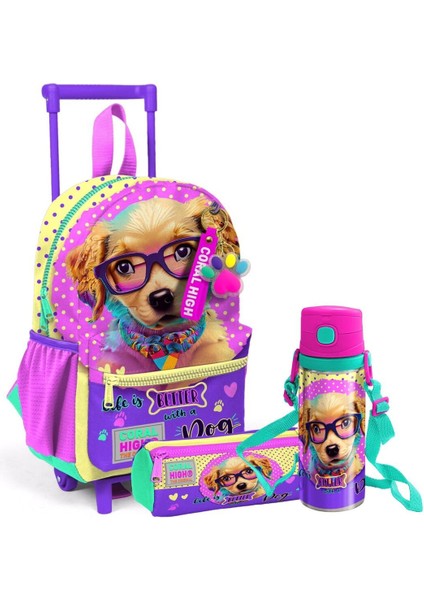 Minik Yuva Sarı Pembe Sevimli Köpek Desenli Çekçekli Sırt Çantası Kalemlik Ve Matara Seti