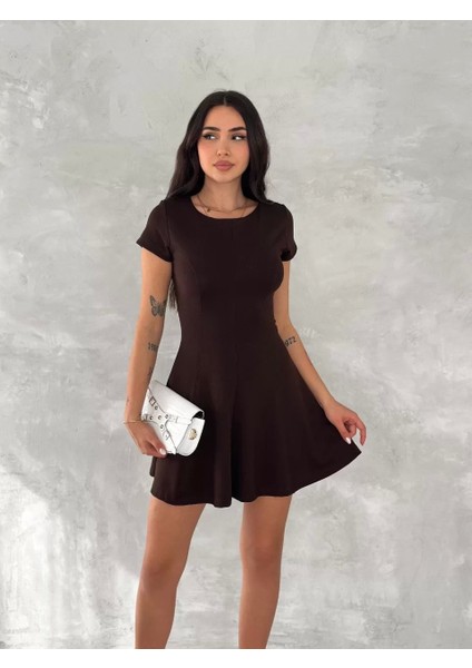 Kısa Kollu Mini Elbise - Kahverengi