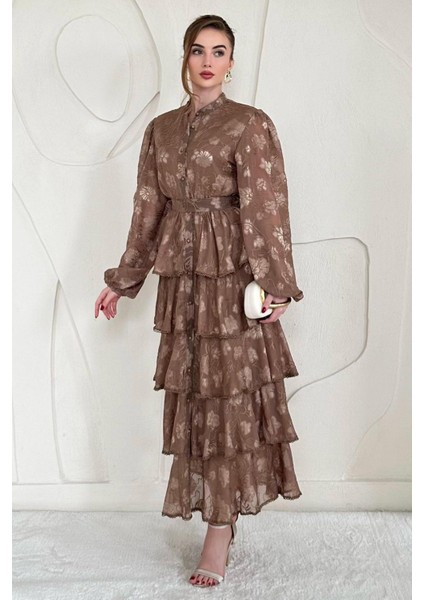 Volanlı Şeritli Kat Kat Elbise