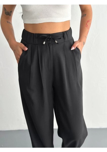 Kadın Yüksel Bel Rahat Paça Pantalon - Siyah