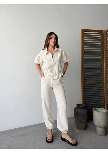 Keten Tam Fermuarlı Kısa Kollu Gömlek Pantolon Ikili Takım - Beyaz
