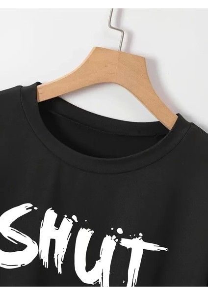 Baskılı Oversize Bisiklet Yaka T-Shirt - Siyah