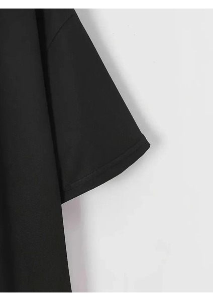 Baskılı Oversize Bisiklet Yaka T-Shirt - Siyah