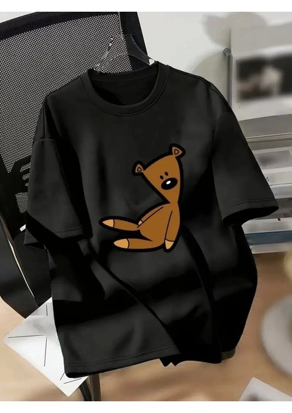 Ayı Baskılı Oversize Bisiklet Yaka T-Shirt - Siyah
