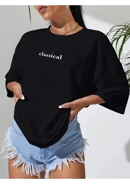 Classical Baskılı Siyah Oversize Tişort - Siyah
