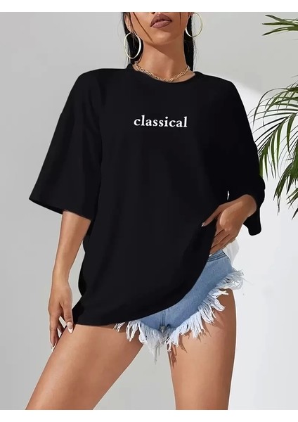Classical Baskılı Siyah Oversize Tişort - Siyah