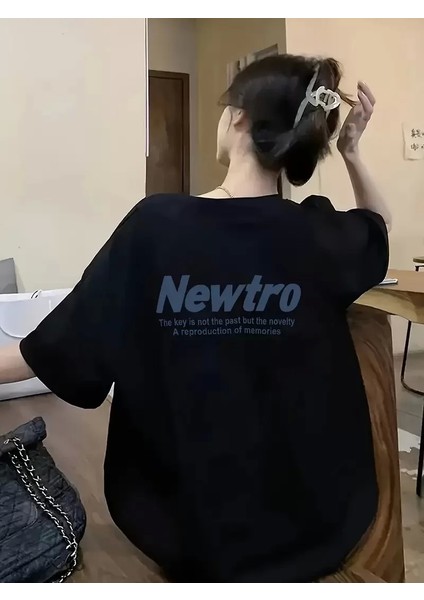 Newtro Baskılı Oversize Bisiklet Yaka T-Shirt - Siyah