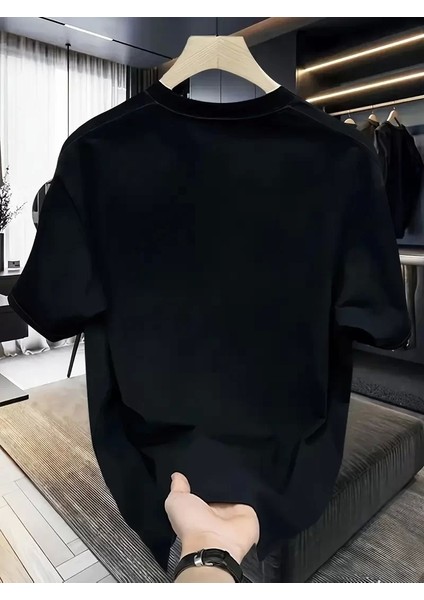 Rahat Bisiklet Yaka Tişört, Yaratıcı Karikatür Baskı - Yumuşak Polyester, Her Mevsim Giyilebilir- Siyah