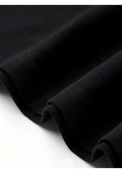 Rahat Bisiklet Yaka Tişört, Yaratıcı Karikatür Baskı - Yumuşak Polyester, Her Mevsim Giyilebilir- Siyah