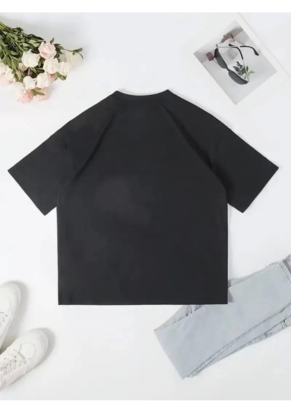 Ördek Baskılı ve Yuvarlak Yakalı Kadın Günlük Büyük Boy Siyah Tişört. - Siyah fırsatları
