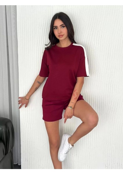 Osy Modal Yumuşak Dokulu Kumaş Kadın Parçalı Bisiklet Yaka T-Shirt Kısa Şort Ikili Takım - Bordo