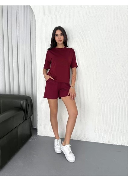 Osy Modal Yumuşak Dokulu Kumaş Kadın Parçalı Bisiklet Yaka T-Shirt Kısa Şort Ikili Takım - Bordo