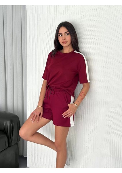 Osy Modal Yumuşak Dokulu Kumaş Kadın Parçalı Bisiklet Yaka T-Shirt Kısa Şort Ikili Takım - Bordo