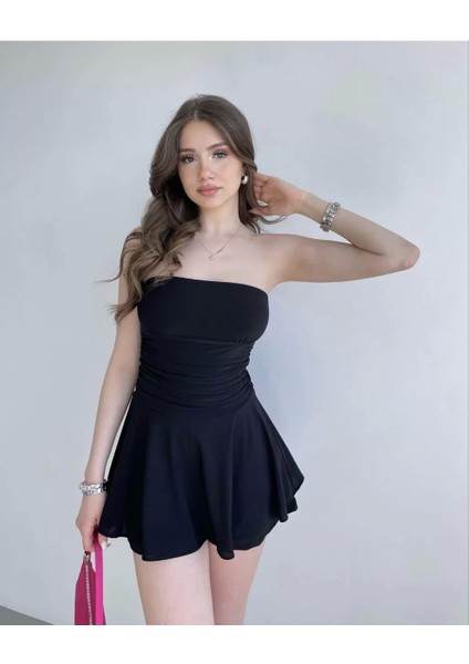 Kadın Straplez Sandy Kumaş Şortlu Prenses Etek Mini Klos Elbise- Siyah fırsatları