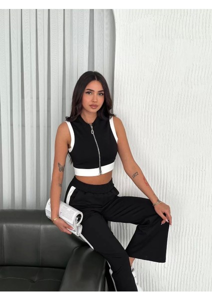 Osy Modal Yumuşak Dokulu Kumaş Tam Fermuarlı Crop Pantalon Ikili Takım - Siyah