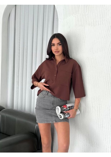 Kadın Crop Yakalı Gömlek Üç Çeyrek Sleeve Kol - Kahverengi