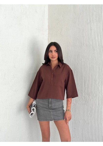 Kadın Crop Yakalı Gömlek Üç Çeyrek Sleeve Kol - Kahverengi modelleri