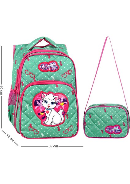 Mint Yeşili Kedi Desenli Embos Ilkokul Çantası Beslenme Çantalı 24002