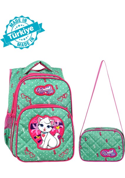Mint Yeşili Kedi Desenli Embos Ilkokul Çantası Beslenme Çantalı 24002 fiyatları