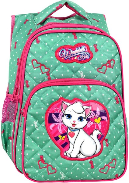 Mint Yeşili Kedi Desenli Embos Ilkokul Çantası Beslenme Çantalı 24002 modelleri