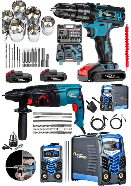 Kaynakcı Set 200 Amper Soğutma Invertör Kaynak 2.28 Kırıcı Delici Hilti & 2x Akülü Vidalama Matkap