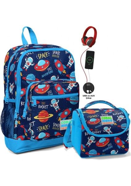 Okul Çantası Ve Beslenme Çantası Seti - Erkek Çocuk Mavi Lacivert Uzay - Usb Soketli