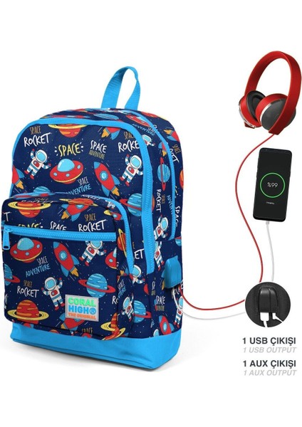 Okul Çantası Ve Beslenme Çantası Seti - Erkek Çocuk Mavi Lacivert Uzay - Usb Soketli fiyatları