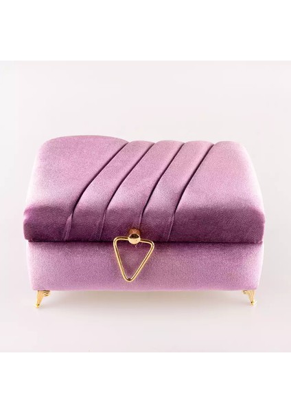 Çizgili Kutu Çeyizlik, Şal + Seccade + Tesbih + Kuran Hediye Seti (Çanta B. Kadife, Lila, Elif-Vav)