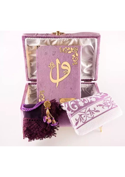 Çizgili Kutu Çeyizlik, Şal + Seccade + Tesbih + Kuran Hediye Seti (Çanta B. Kadife, Lila, Elif-Vav) fiyatları