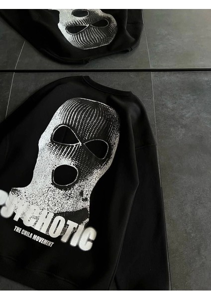 Kışlık Bisiklet Yaka Baskılı Sweatshirt - Siyah