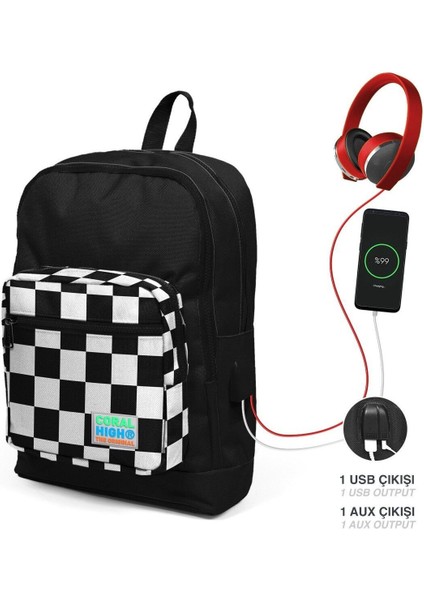 Okul Çantası Ve Beslenme Çantası Seti - Erkek Çocuk Siyah Damalı - Usb Soketli