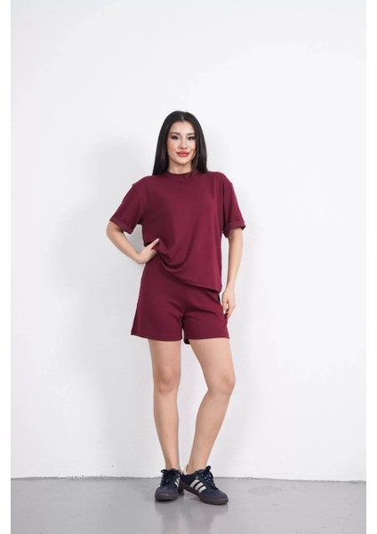 Osy Modal Yumuşak Dokulu Kumaş Kadın Bisiklet Yaka T-Shirt Kısa Şort Ikili Takım - Bordo