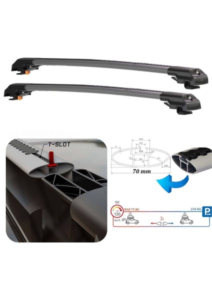 Nissan Qashqai J11 (2014-2020) için Araca Özel Kilitlenebilir Ara Atkı / Portbagaj Taşıma Barları 2 Adet Set (Gri)