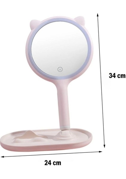 Kedi Kulaklı Telefon Standlı Yuvarlak Dokunmatik LED Ayarlı Masa Üstü Makyaj Aynası (5047)