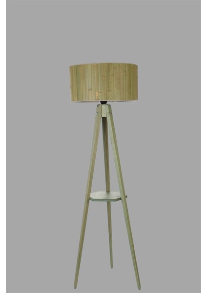 Sehbalı Tripod Yeşil Lambader Silindir Bambu 03 Abajurlu