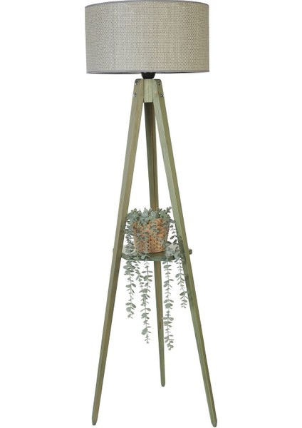 Sehbalı Tripod Yeşil Lambader Silindir Bambu 06 Abajurlu