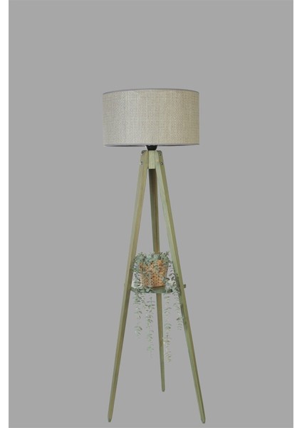 Sehbalı Tripod Yeşil Lambader Silindir Bambu 06 Abajurlu